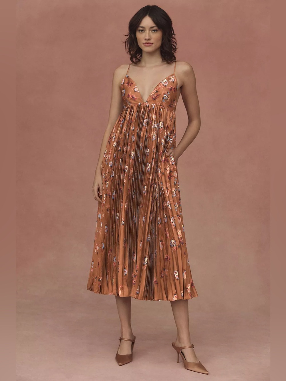BHLDN Maya Pleated V-Neck Midi Dress